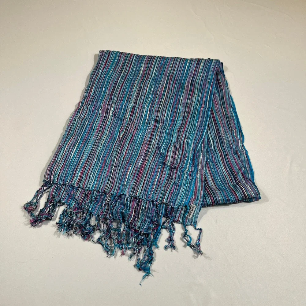 Silk Scarf Women Multi-Color Striped Fringe Lightweight Accessory